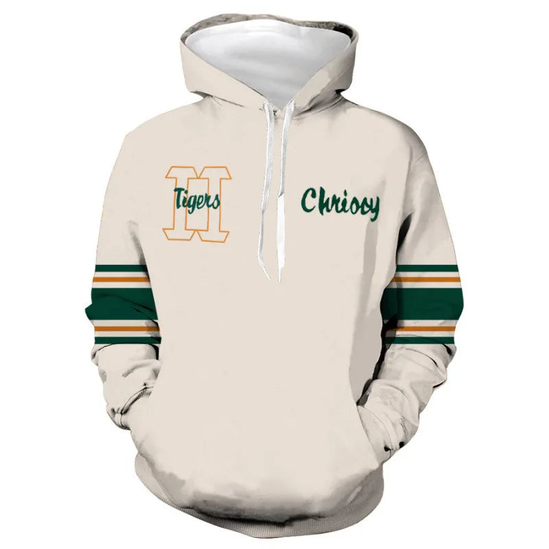 Sudadera con capucha Chrissy Stranger Things de frente, bordados H Tigers y Chrissy