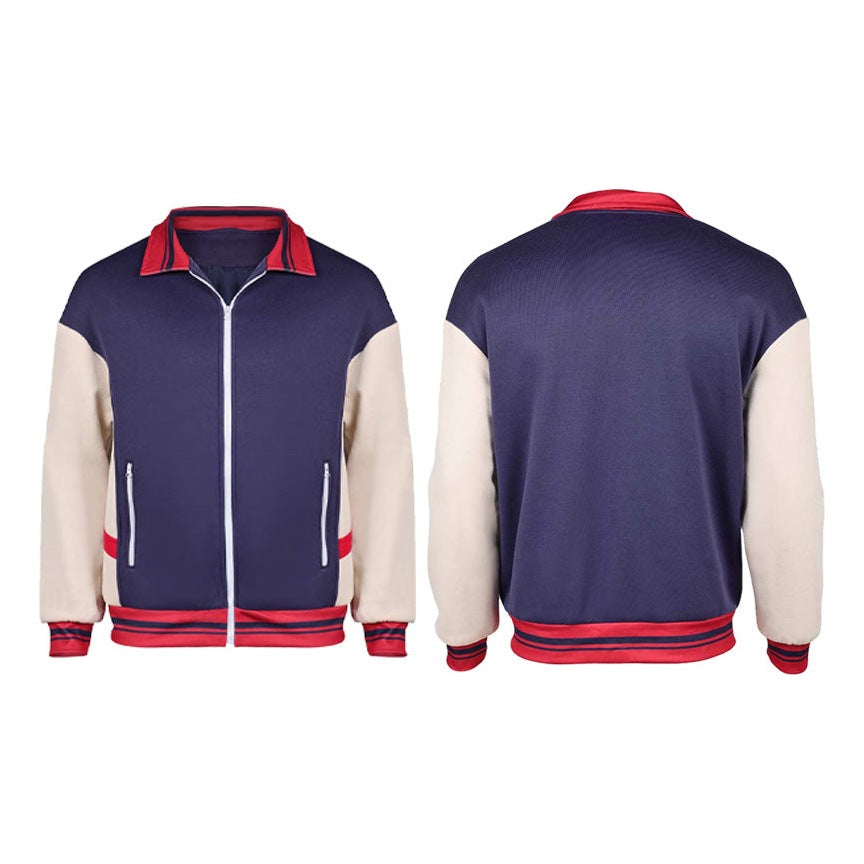 Veste de survêtement cosplay Will Byers Stranger Things bleu marine et blanc vu de face