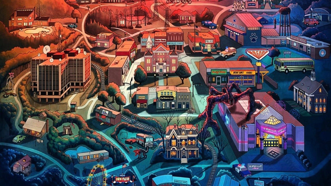 Mapa ilustrado de Hawkins visto desde el cielo: el laboratorio, el depósito de agua y las lianas rojas del Revés