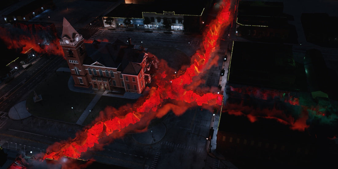 La grieta roja que parte Hawkins vista desde el cielo, al final de la temporada 4 de Stranger Things
