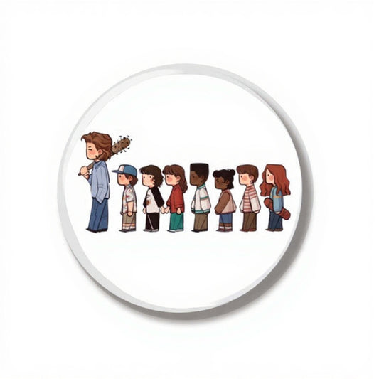 Badge 44 mm Stranger Things la bande en file indienne vu de face