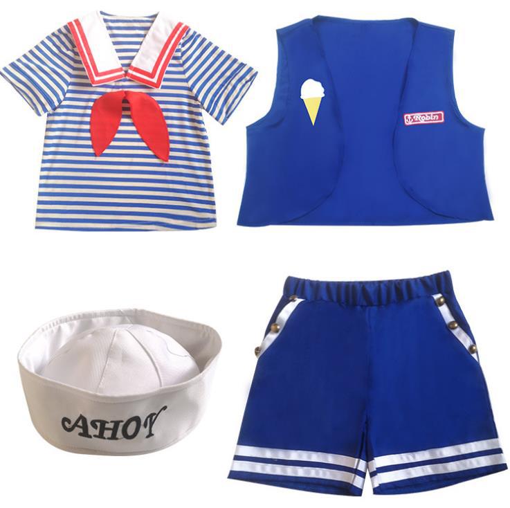 Uniforme Scoops Ahoy Stranger Things para niño: camiseta de rayas, chaleco, pantalón corto y gorro