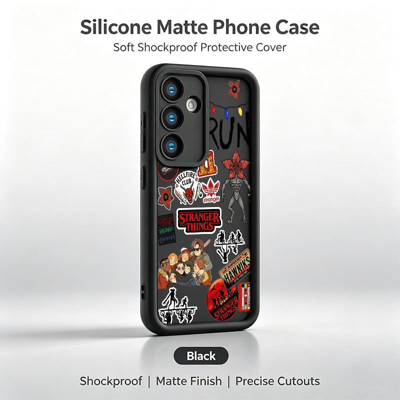 Coque Samsung Galaxy A silicone Stranger Things stickers Hellfire Club – coloris Noir