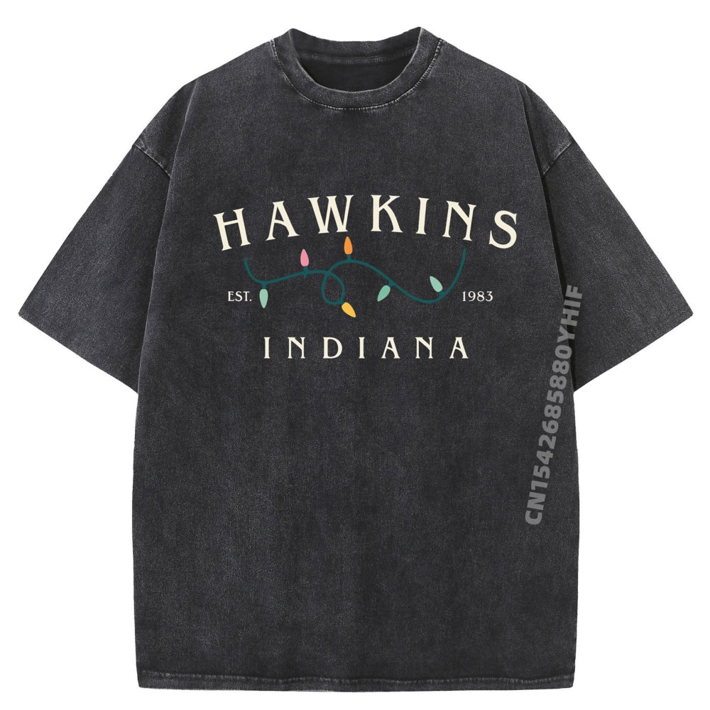 T-shirt homme délavé Stranger Things Hawkins Indiana guirlande – coloris XH230-2