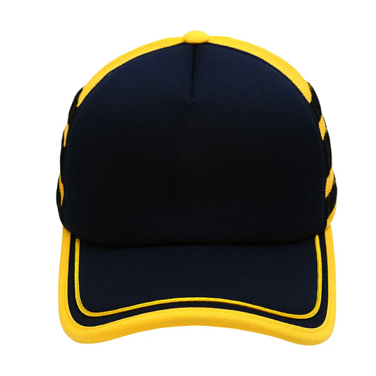 Casquette Stranger Things Dustin jaune et noire rayée vu de face