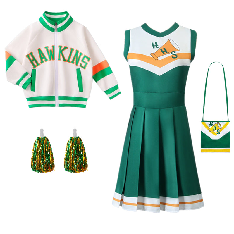 Ensemble pom-pom girl Stranger Things Hawkins veste et robe vu de face