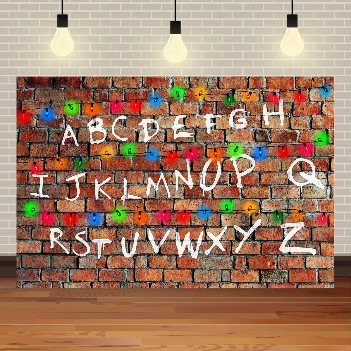 Toile de fond Stranger Things mur alphabet brique sombre vu de face