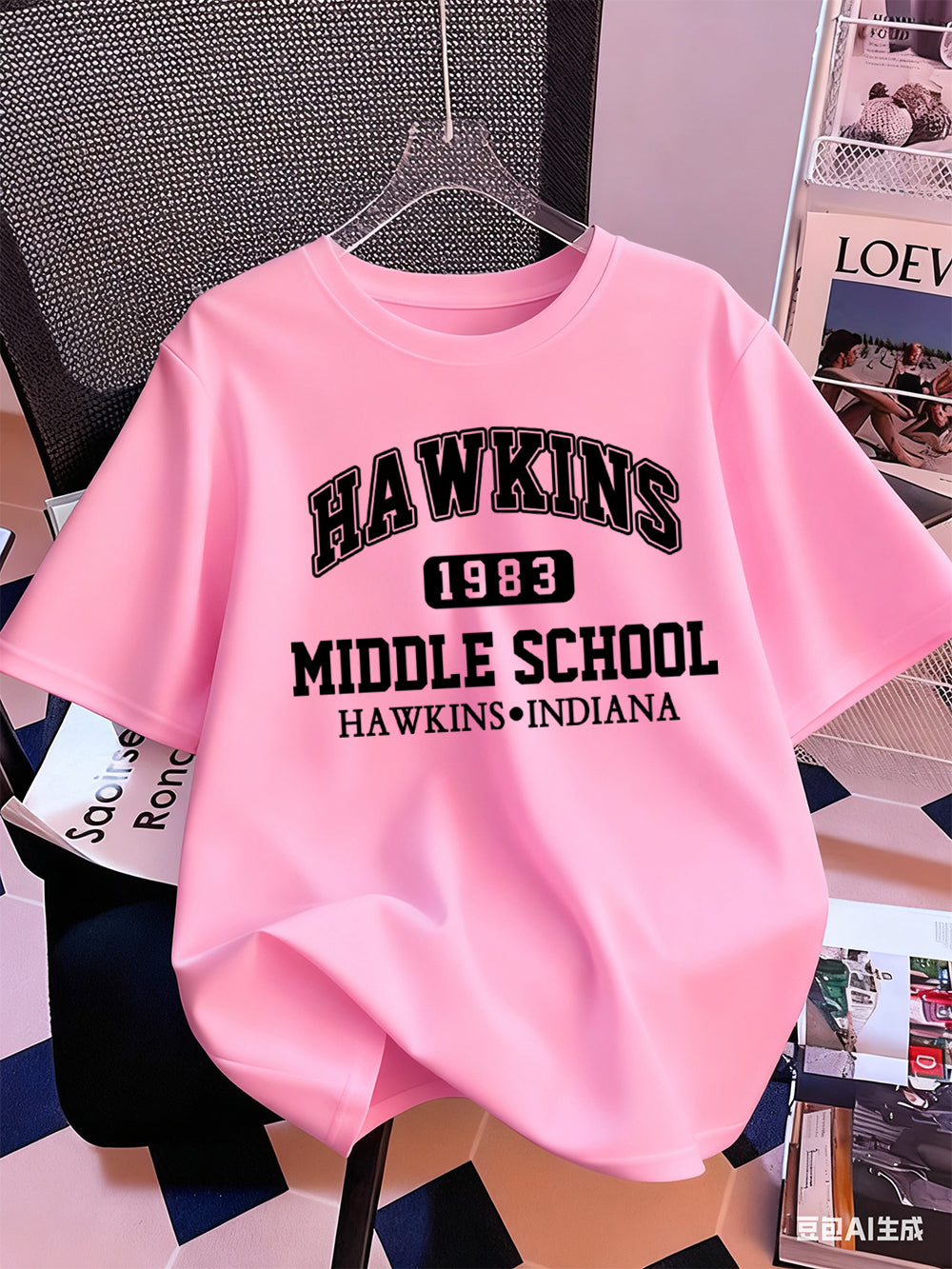 T-shirt homme Stranger Things Hawkins Middle School 1983 – coloris Rose