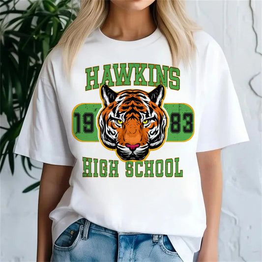 T-shirt femme Stranger Things Hawkins High School tigre vu de face