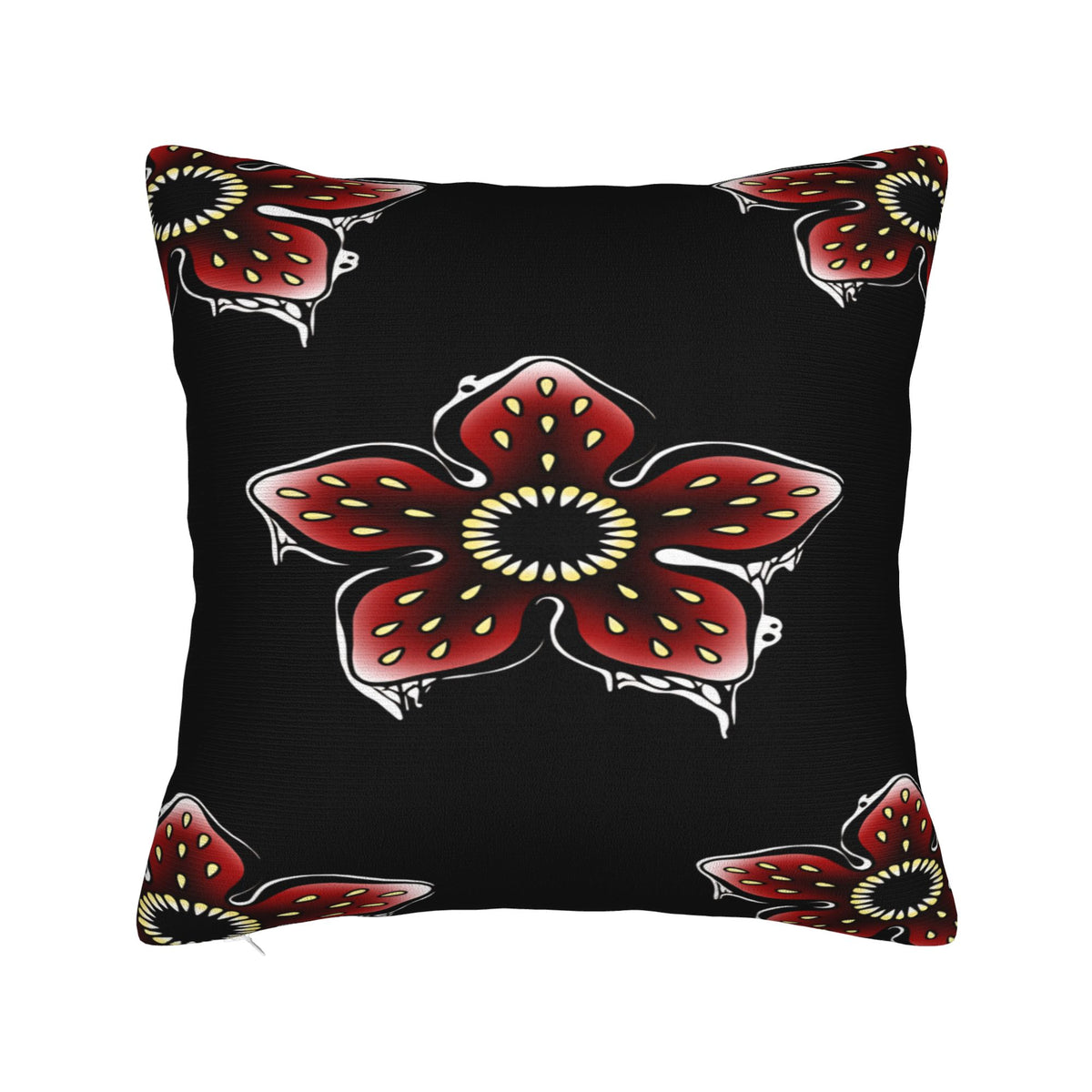 Housse de coussin Stranger Things corolles de Demogorgon noires vu de face
