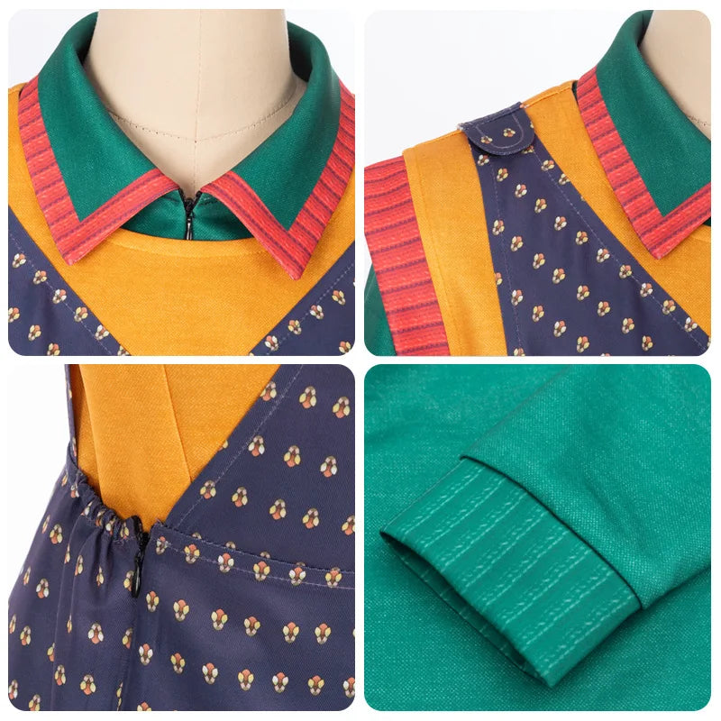 Detalles del disfraz de Holly Wheeler: cuello del top verde, chaleco naranja y tejido morado estampado