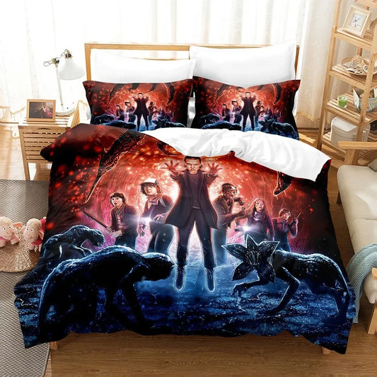 Funda nórdica Stranger Things temporada 2 Once y los Demoperros sobre una cama, con sus fundas de almohada a juego