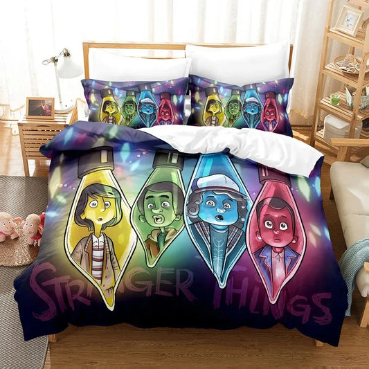 Juego de cama Stranger Things la pandilla en bombillas de guirnalda sobre una cama, con sus fundas de almohada a juego