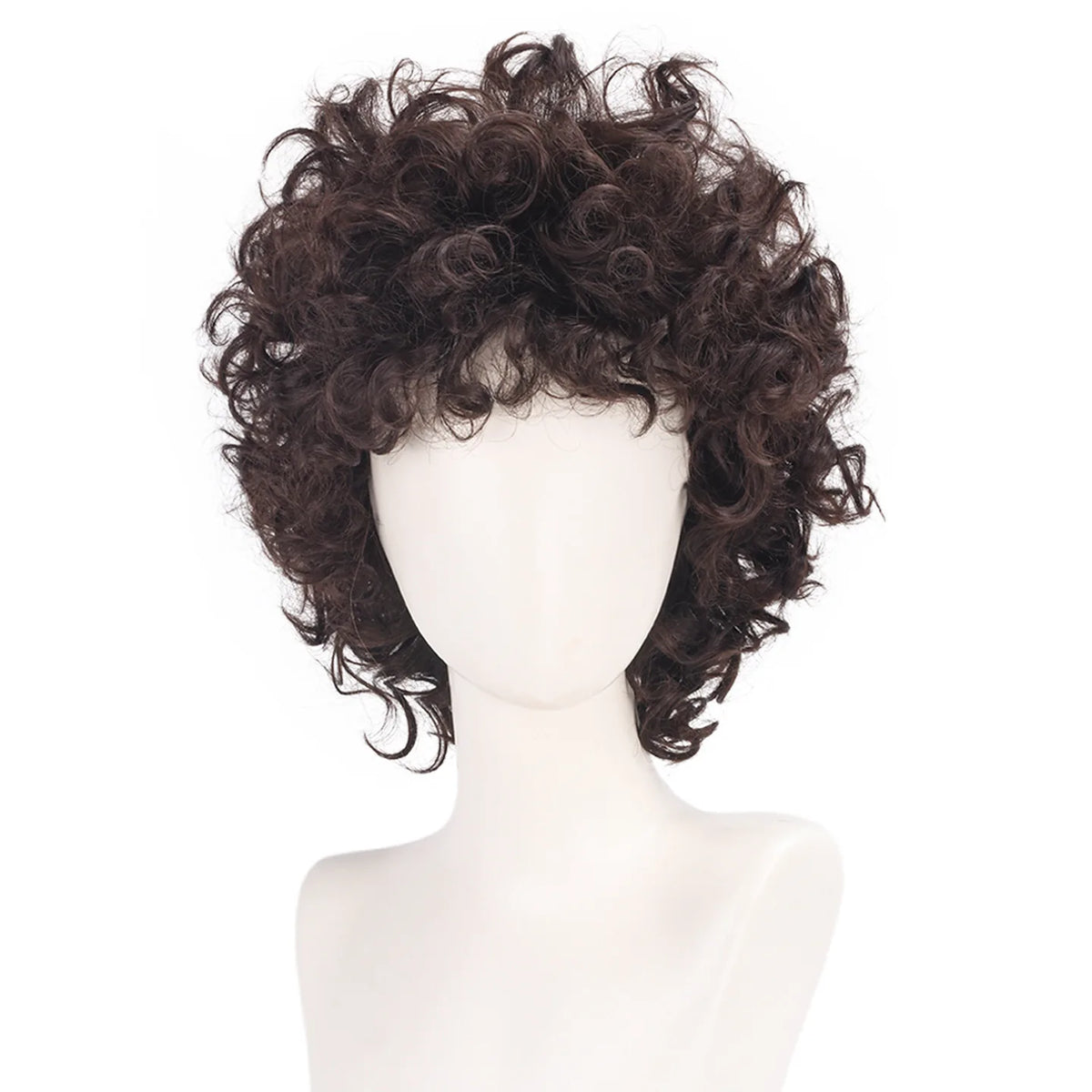 Peluca Dustin Henderson Stranger Things, rizos castaños cortos, de frente