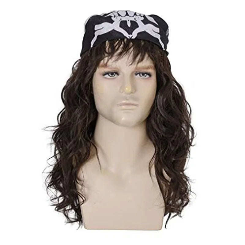 Peluca Eddie Munson Stranger Things con bandana negra de estampado blanco