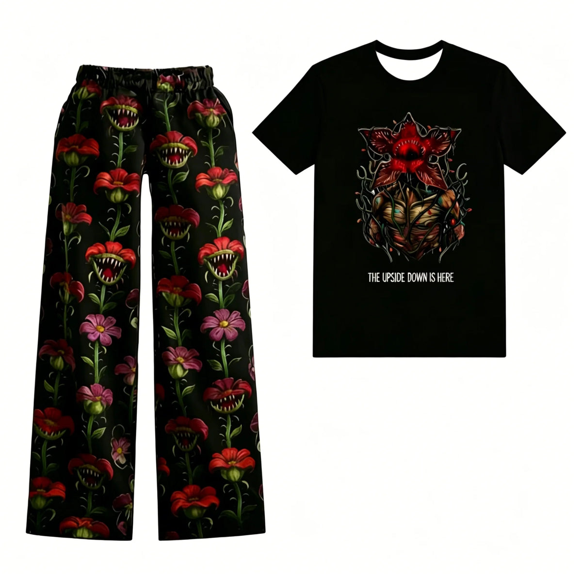 Pijama Stranger Things de mujer con camiseta negra de Demogorgon de flores y pantalón de flores carnívoras