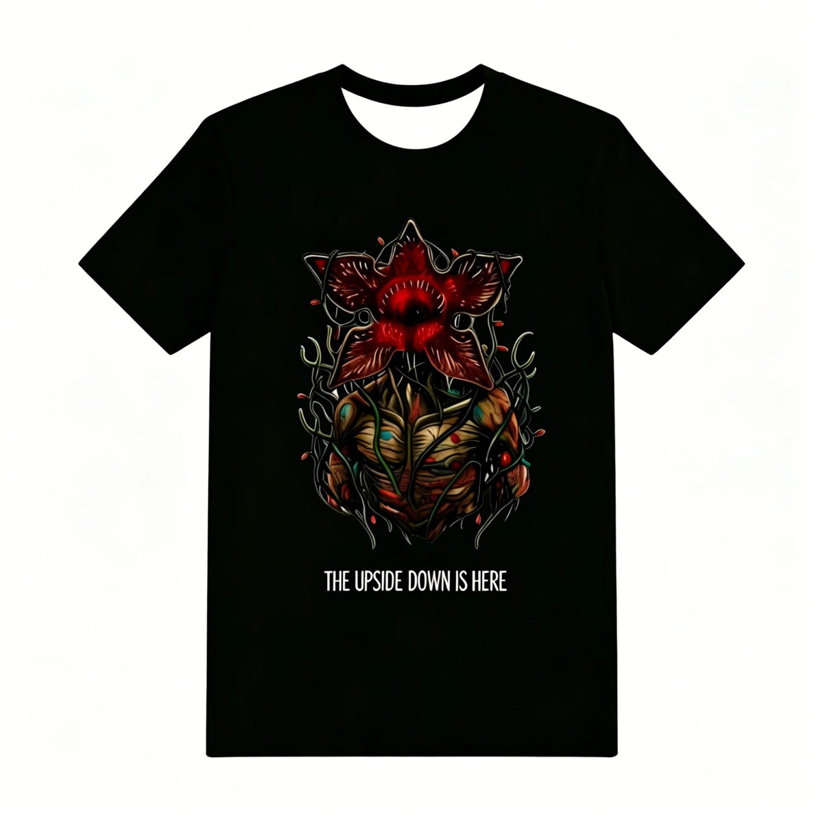 Camiseta negra del pijama Stranger Things, Demogorgon de flores y frase The Upside Down Is Here
