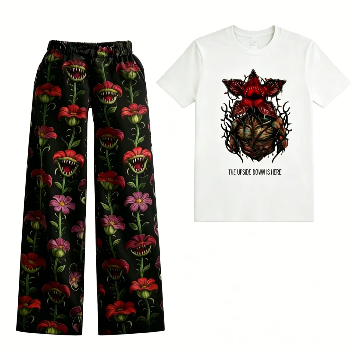 Pijama Stranger Things de mujer con camiseta blanca de Demogorgon de flores y pantalón de flores carnívoras