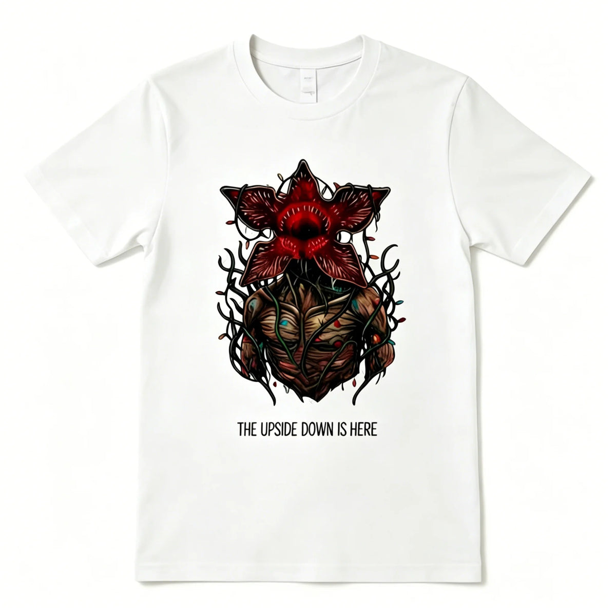 Camiseta blanca del pijama Stranger Things, Demogorgon de flores y frase The Upside Down Is Here