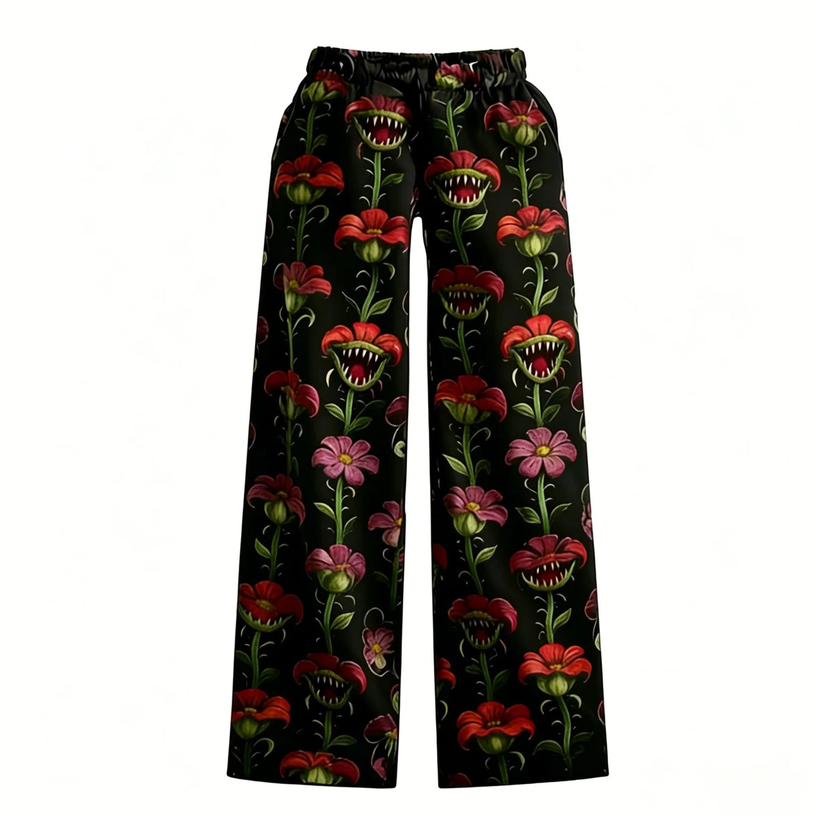Pantalón de pijama Stranger Things con flores carnívoras rojas y rosas sobre fondo negro