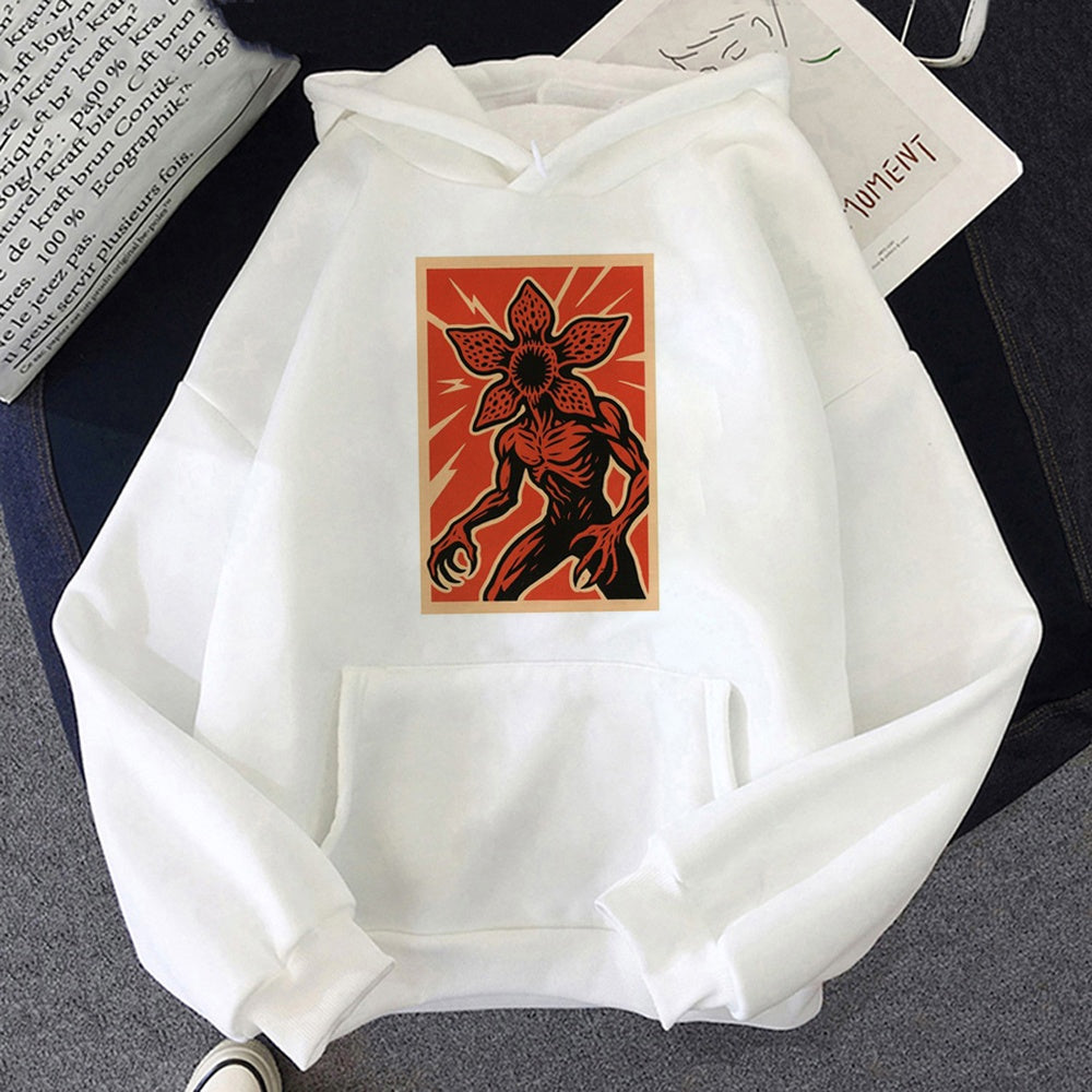Sudadera con capucha blanca Stranger Things póster del Demogorgon, diseño estampado en la parte delantera