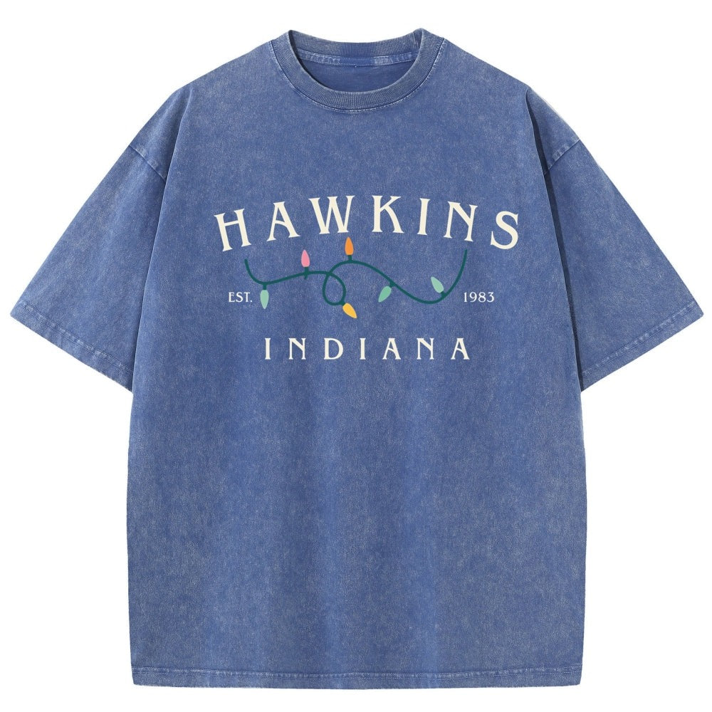 Camiseta de hombre desteñida Stranger Things Hawkins Indiana guirnalda – color azul