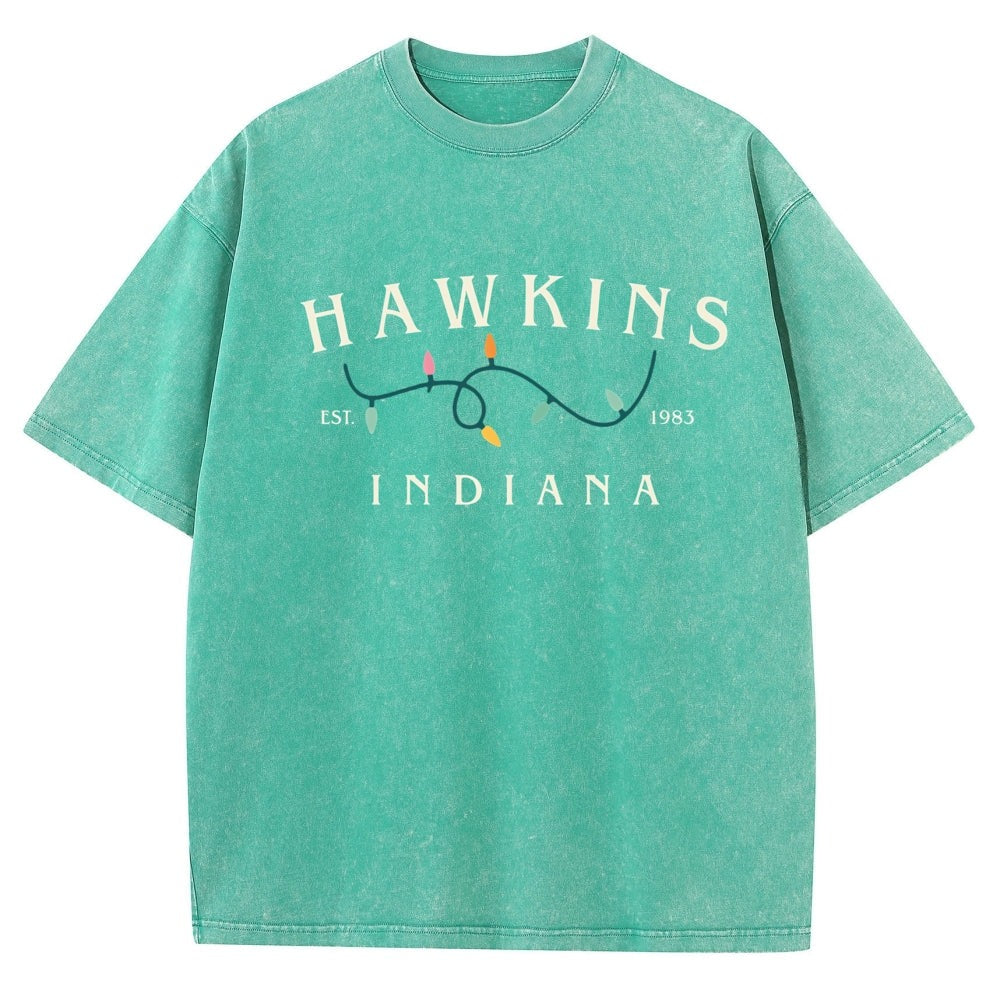 Camiseta de hombre desteñida Stranger Things Hawkins Indiana guirnalda – color verde agua
