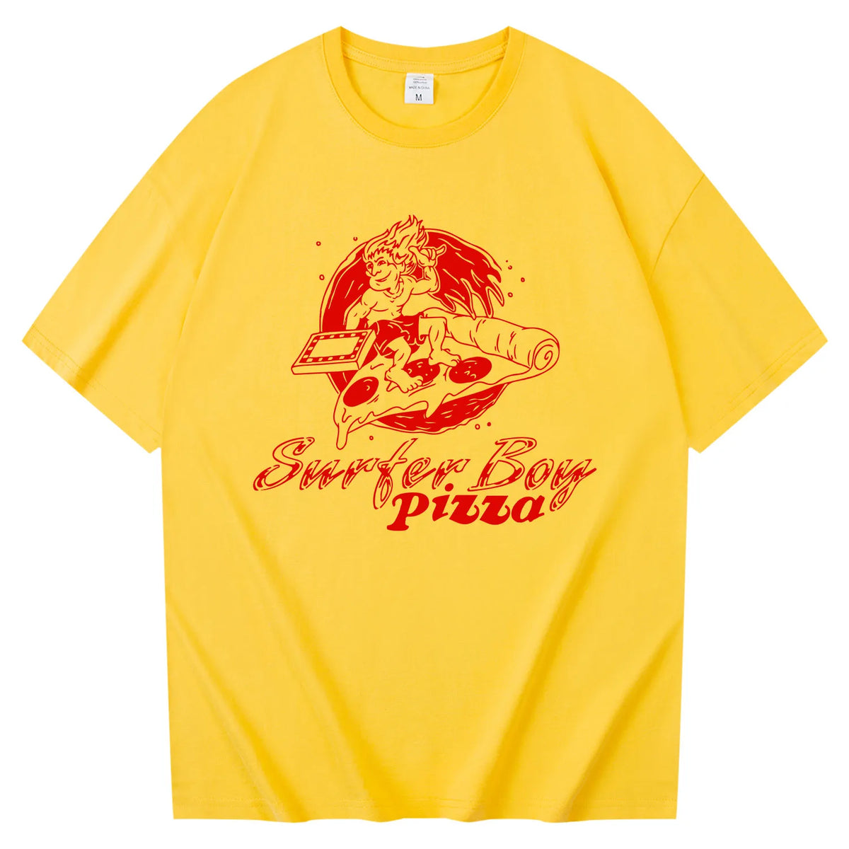 Camiseta amarilla Surfer Boy Pizza Stranger Things, logo rojo de la pizzería de Argyle delante