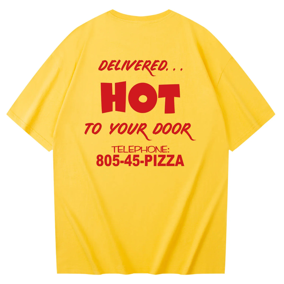 Espalda de la camiseta Surfer Boy Pizza Stranger Things, Delivered Hot to your door y 805-45-PIZZA