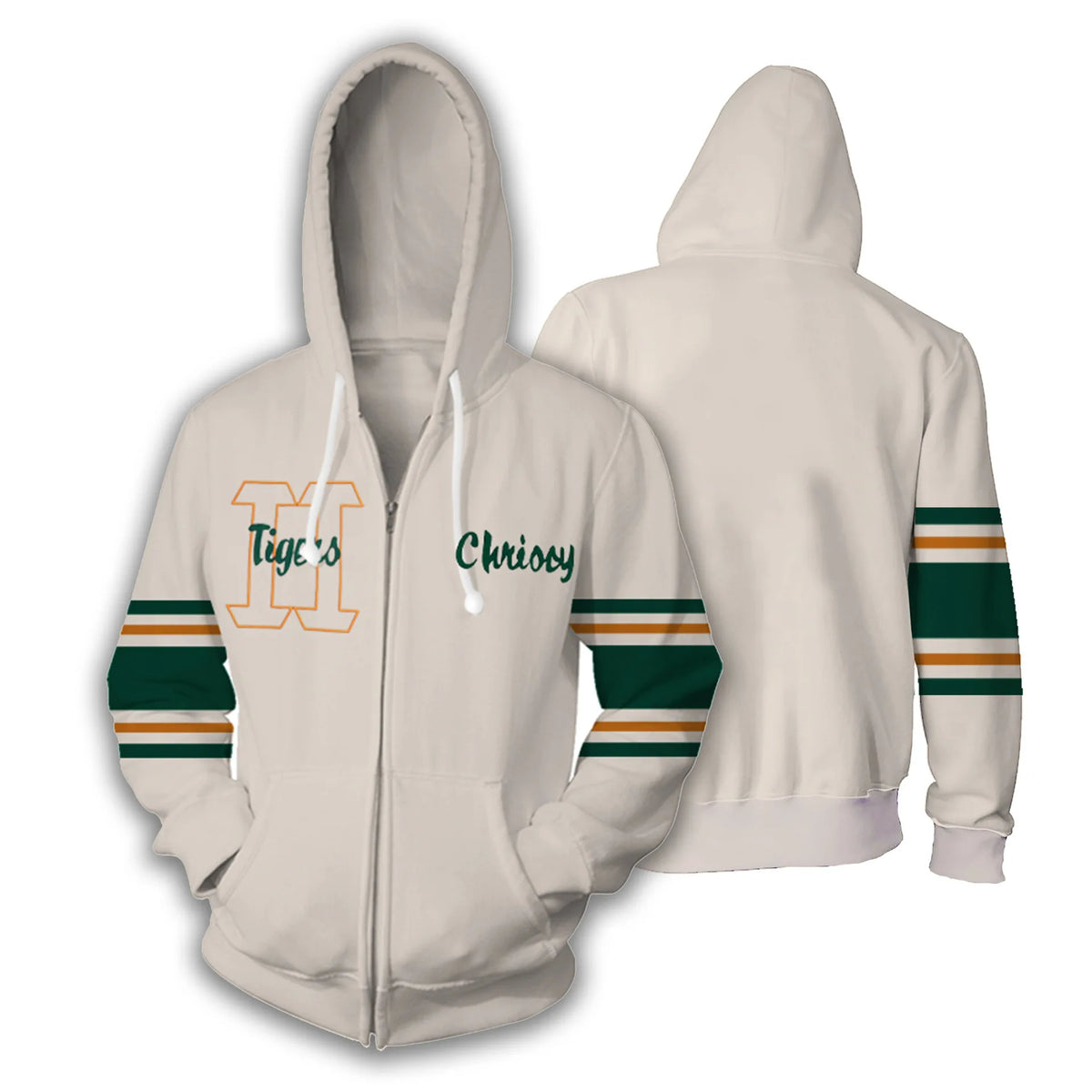 Chaqueta cosplay Stranger Things Chrissy con cremallera y capucha, color crema con mangas a rayas verdes y naranjas, de frente y de espaldas