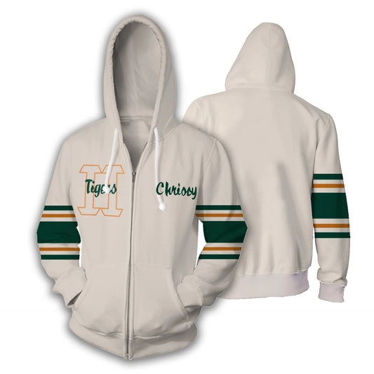 Chaqueta cosplay Stranger Things Chrissy con cremallera y capucha, color crema con mangas a rayas verdes y naranjas, de frente y de espaldas