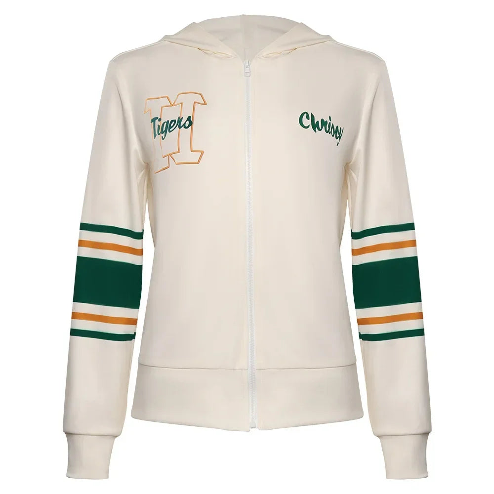 Chaqueta con cremallera Chrissy Stranger Things de frente, bordados H Tigers y Chrissy