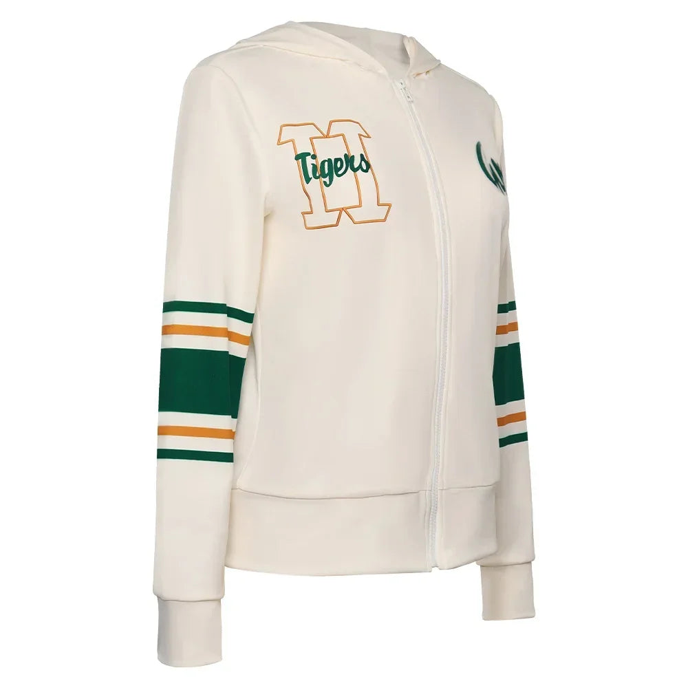 Chaqueta cosplay Chrissy Stranger Things de tres cuartos, escudo H Tigers