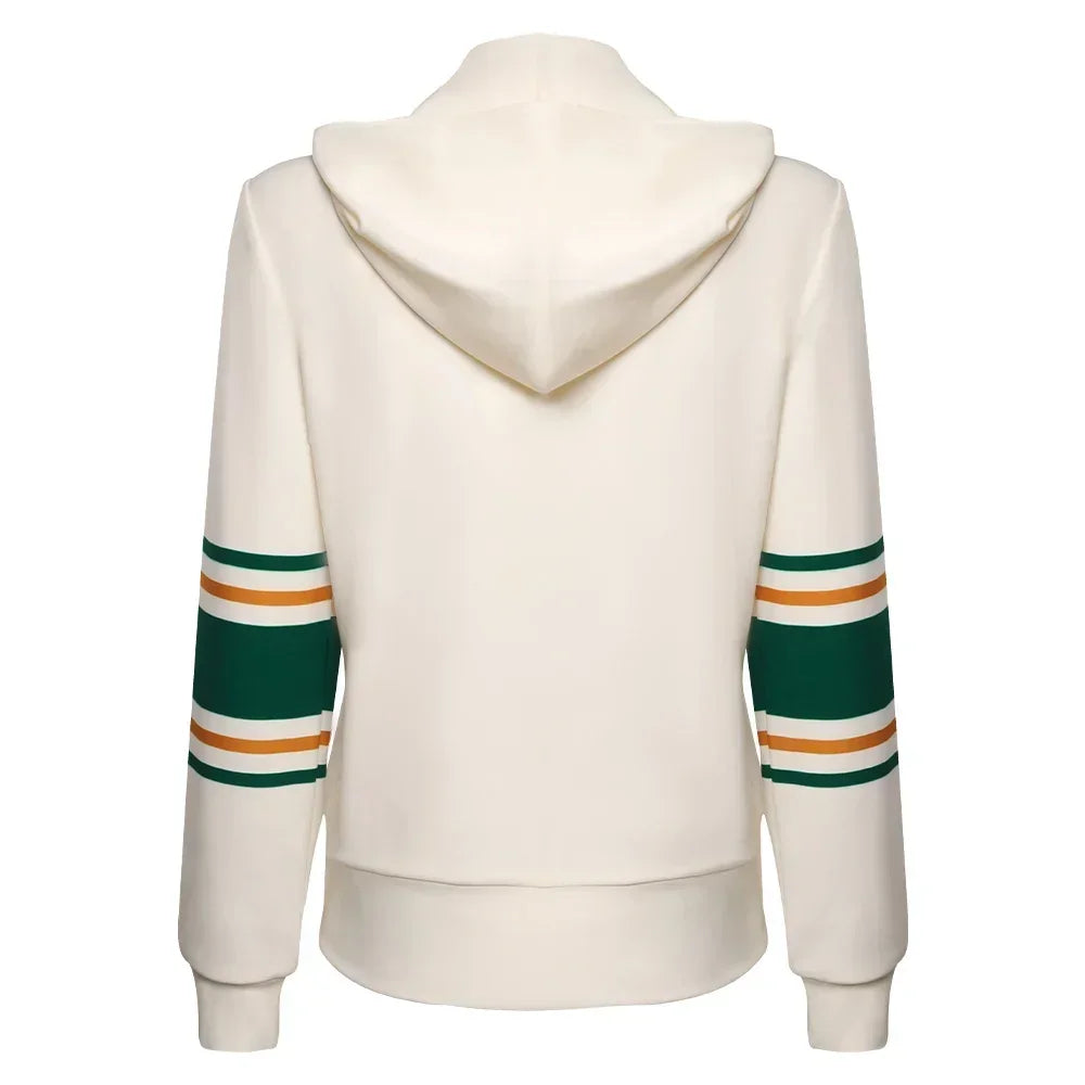 Espalda de la chaqueta cosplay Chrissy Stranger Things, capucha y mangas a rayas