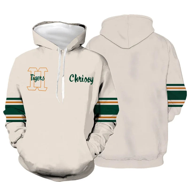 Sudadera con capucha cosplay Stranger Things Chrissy, color crema con mangas a rayas, de frente y de espaldas
