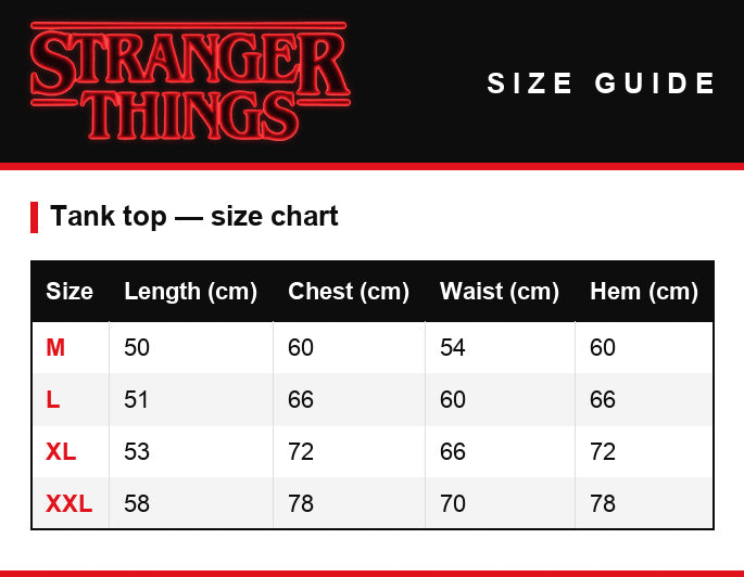 Guía de tallas – Camiseta de tirantes de mujer Stranger Things Hawkins Middle School