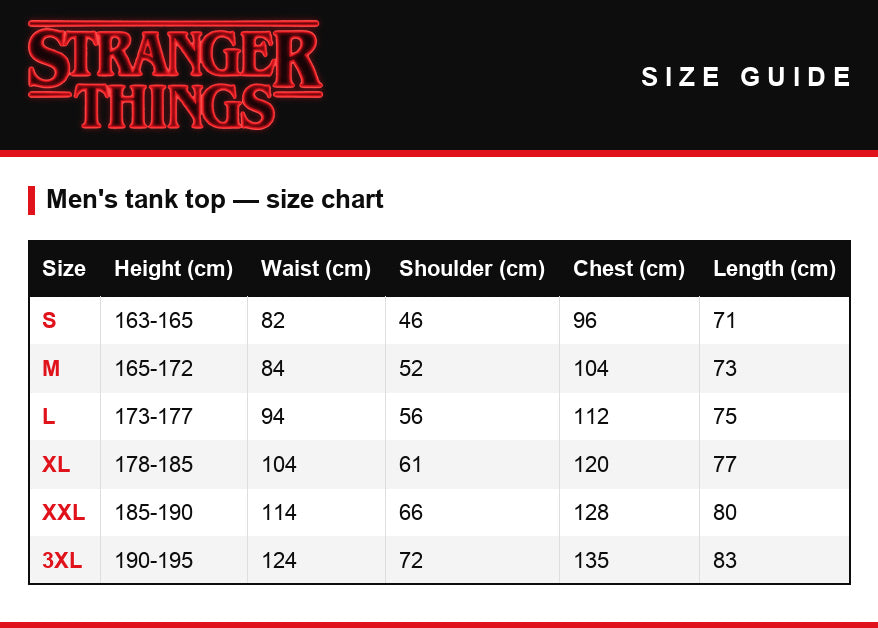 Guía de tallas – Camiseta de tirantes Stranger Things Hawkins I.N.