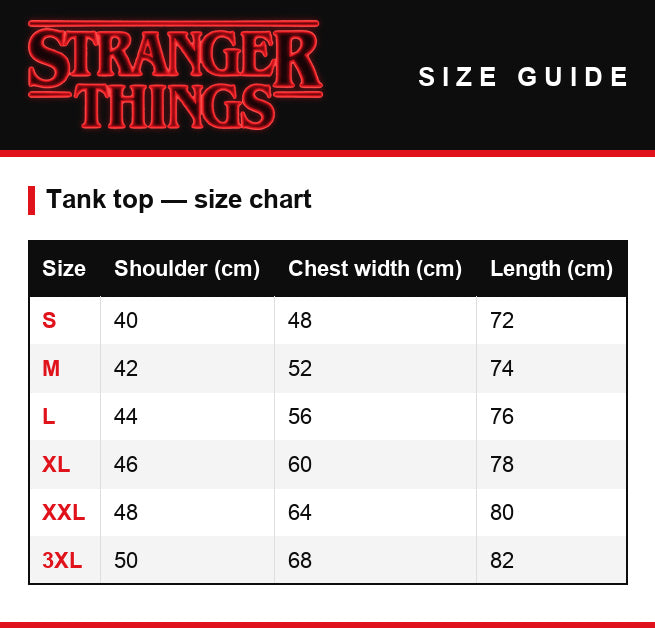 Guía de tallas – Camiseta de hombre Stranger Things The Upside Down cartel retro