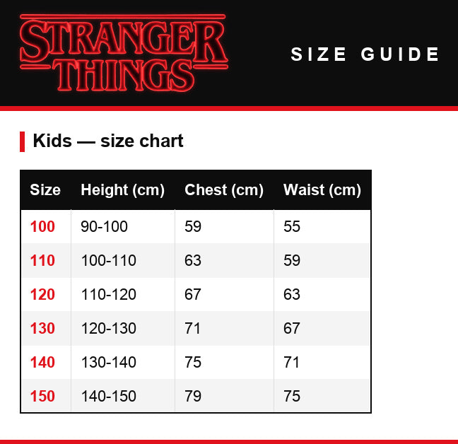 Guía de tallas – Conjunto infantil Stranger Things Nancy Wheeler jersey de rayas