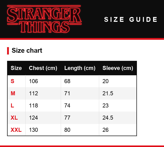 Guía de tallas – Camiseta de hombre desteñida Stranger Things Hawkins Indiana 1983 puesta de sol