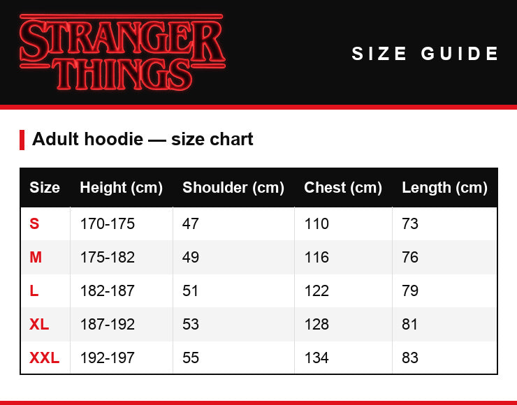 Guía de tallas – Sudadera con capucha Stranger Things Very Merry Christmas del revés