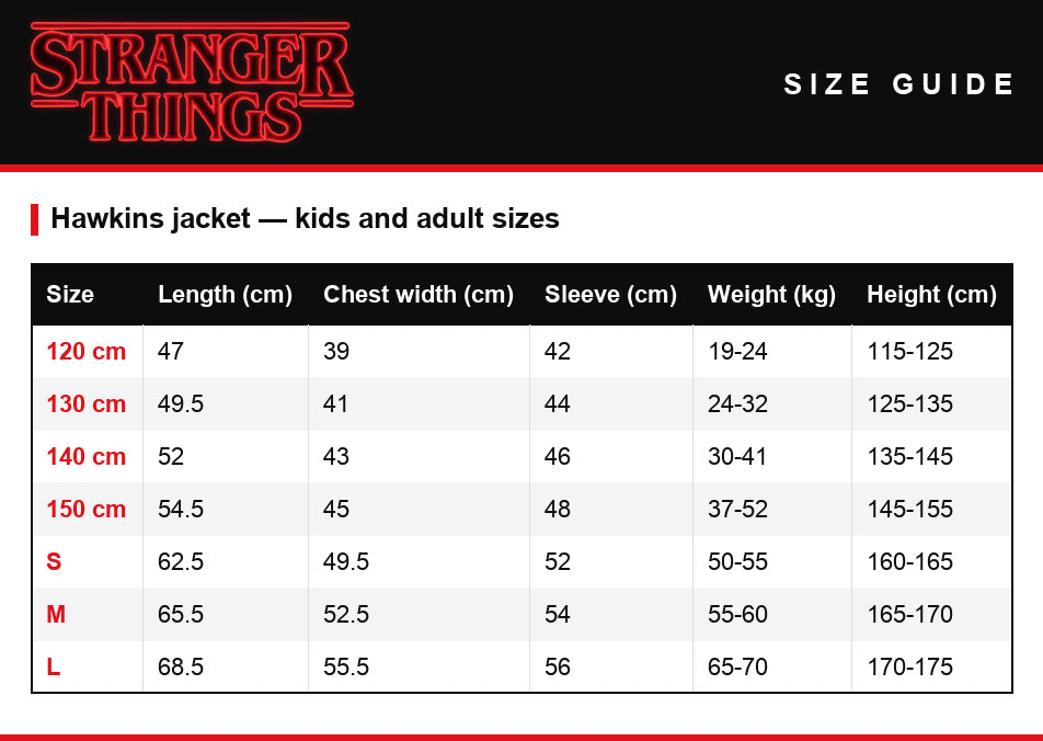 Guía de tallas – Chaqueta teddy de animadora Stranger Things Hawkins