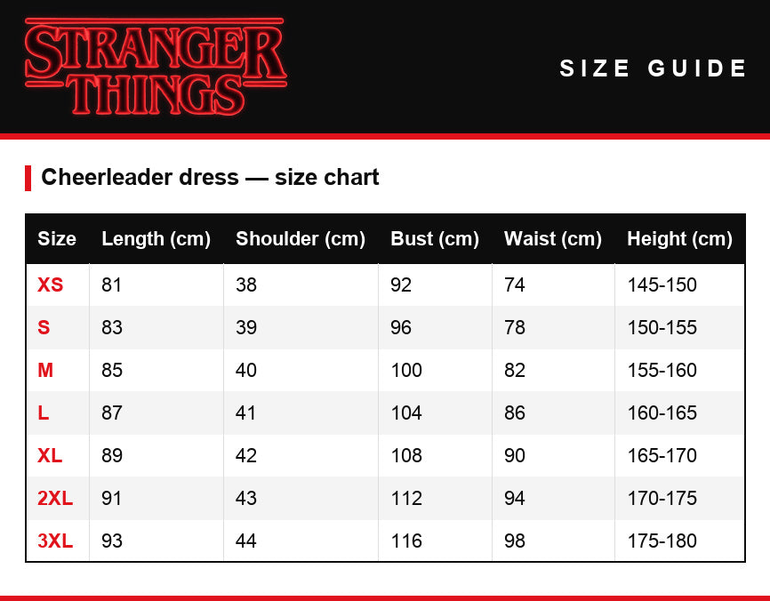 Guía de tallas – Vestido de animadora Stranger Things Hawkins High