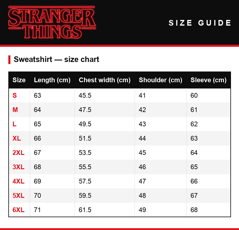 Guía de tallas – Sudadera oversize Stranger Things Hawkins Strange School 1983