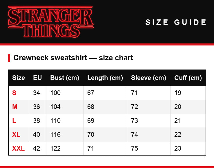 Guía de tallas – Sudadera de cuello redondo Stranger Things The Upside Down objetos de culto