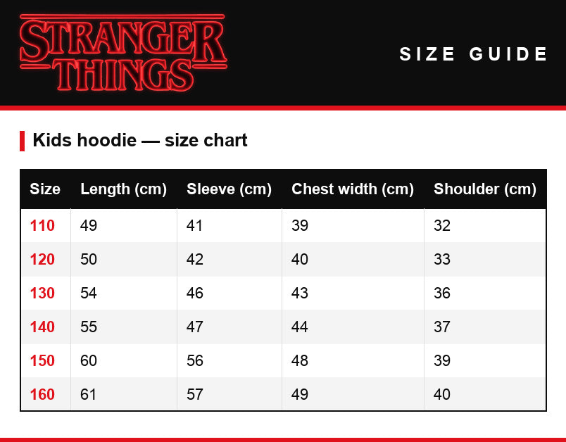 Guía de tallas – Sudadera infantil Stranger Things Hawkins Run blanca
