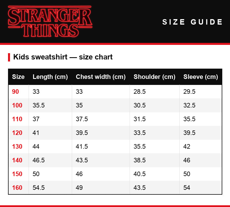 Guía de tallas – Sudadera infantil Stranger Things Hawkins Strange School 1983