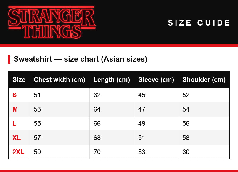 Guía de tallas – Sudadera Stranger Things Hawkins Middle School hombre