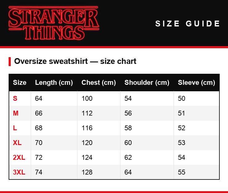 Guía de tallas – Sudadera de cuello redondo Stranger Things Hawkins High School tigre