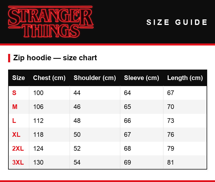 Guía de tallas – Sudadera con cremallera y capucha Stranger Things Demogorgon Live 1987